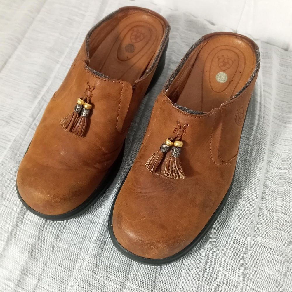 ARIAT Brown Leather Clogs Slip On Comfort Shoes 7.5 Tassel Rubber Sole Low Heel